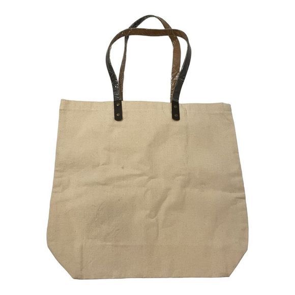 NWOT Prime The Killers Cotton Beige Canvas Tan Bag Tote with Leather Handles - Picture 2 of 9